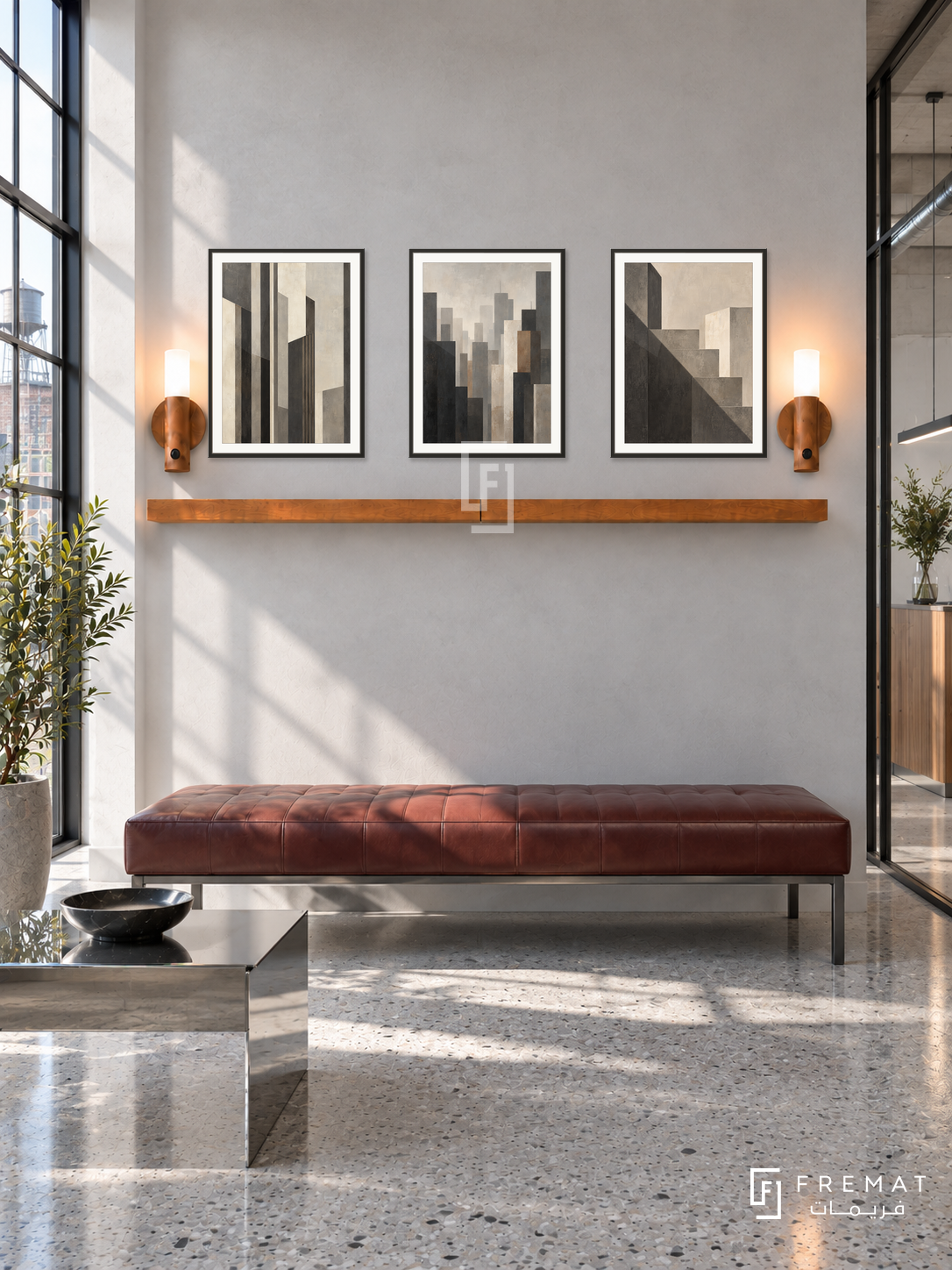 FREMAT Urban Order shelf set with three 30 x 40 cm black frames, 2 cm white borders, honey wood shelf and two warm sensor lamps. Morning industrial architecture studio reception, smooth pale cement display wall, oxblood leather bench, chrome rectangular side table, grey terrazzo floor, bright steel factory window at left, glass partition at right.