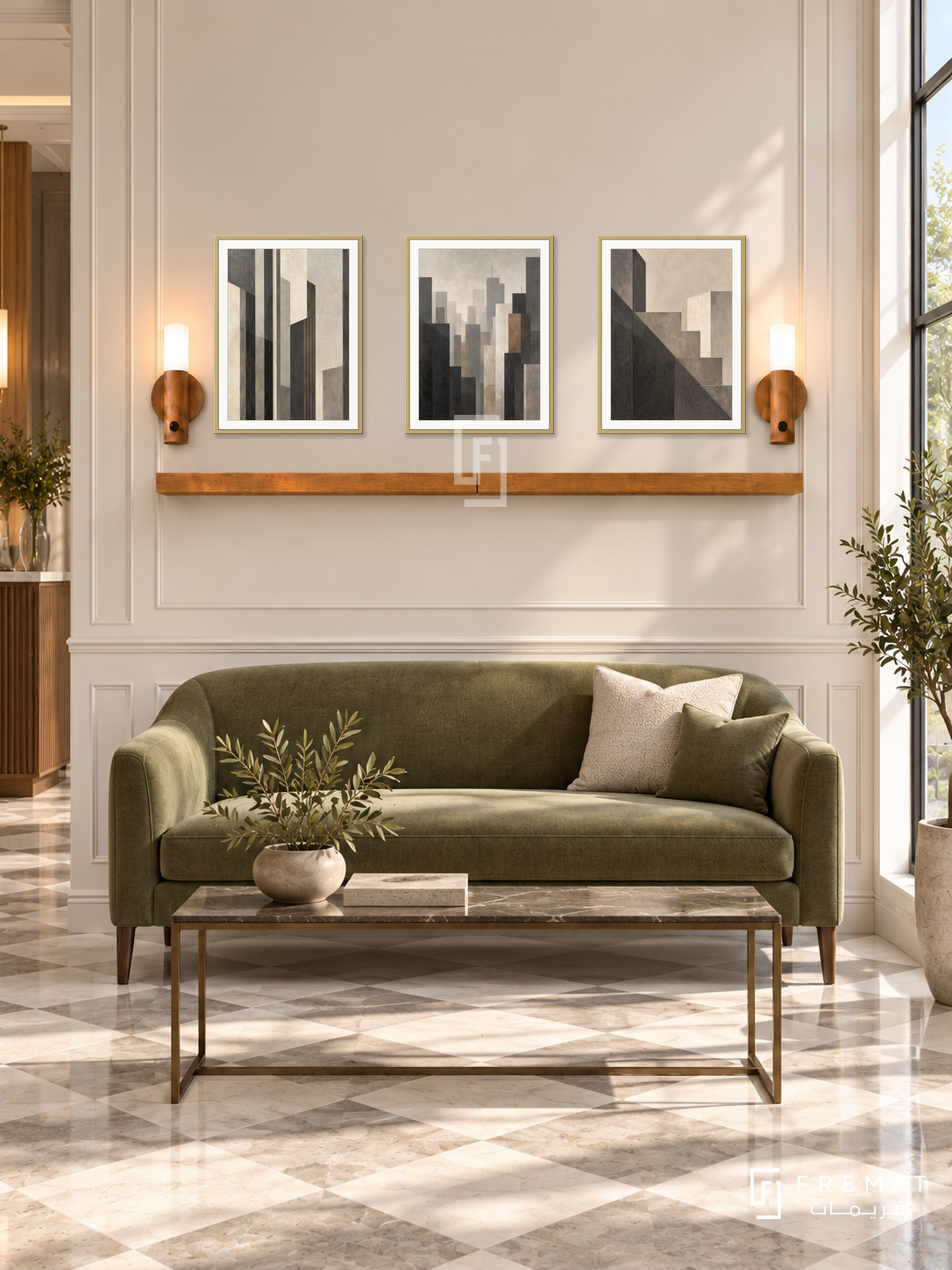 FREMAT Urban Order shelf set with three 30 x 40 cm gold frames, 2 cm white borders, honey wood shelf and two warm sensor lamps. Morning elegant legal office waiting lounge, warm ivory paneled display wall, olive upholstered settee, slim bronze console in foreground, chequered pale stone floor, daylight through tall window at right.