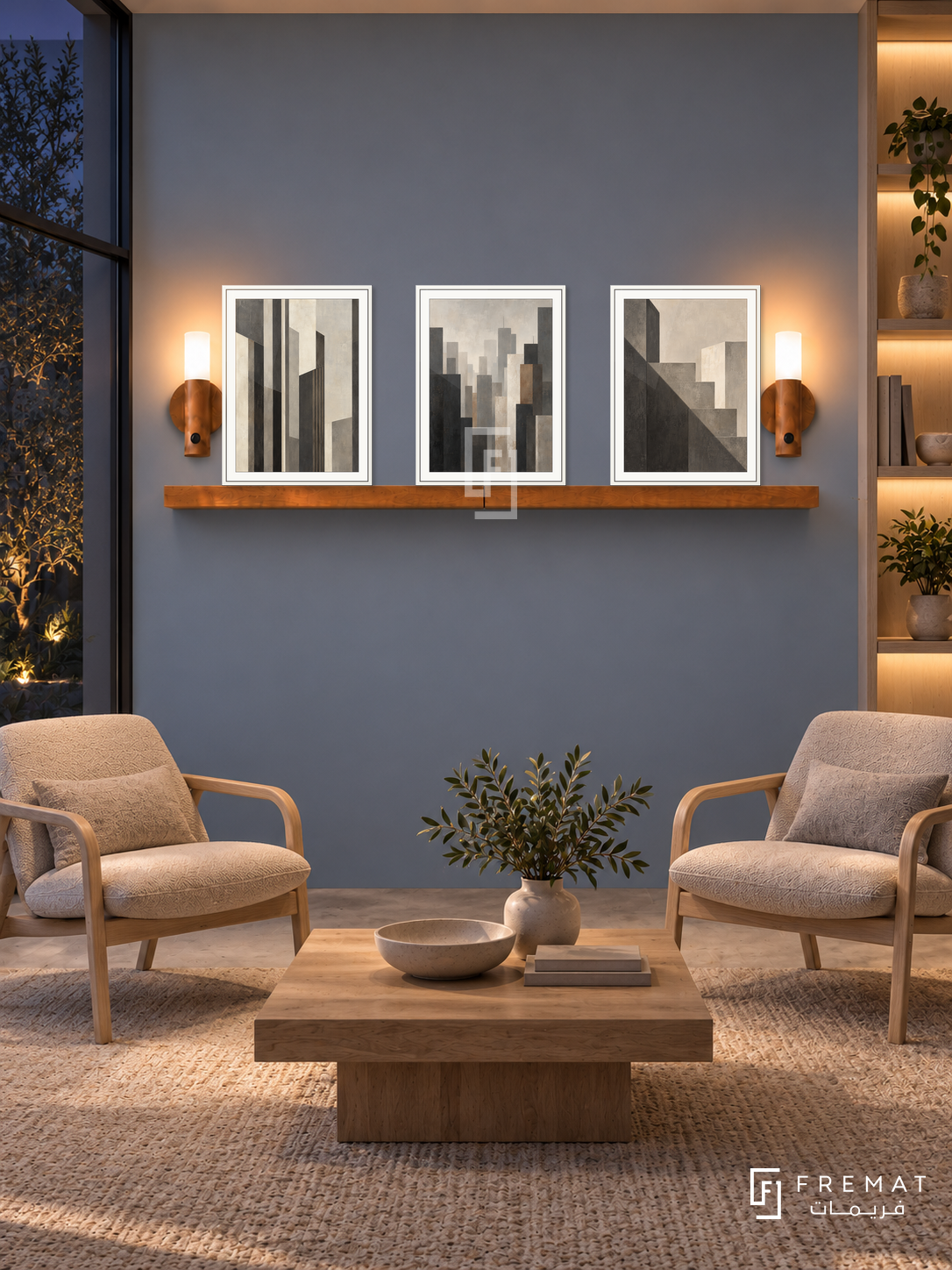 FREMAT Urban Order shelf set with three 30 x 40 cm white frames, 2 cm white borders, honey wood shelf and two warm sensor lamps. Night Scandinavian office collaboration lounge, dusty blue display wall, two oatmeal bentwood lounge chairs and a low square oak table, dark courtyard glazing at left, softly lit vertical shelving at right.