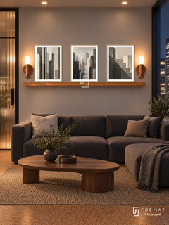 FREMAT Urban Order shelf set with three 30 x 40 cm wooden texture frames, 2 cm white borders, honey wood shelf and two warm sensor lamps. Night creative workspace lounge, clay grey display wall, charcoal modular sofa, asymmetric walnut coffee table, cork floor, city window at right and ribbed glass door at left, warm recessed ceiling light.
