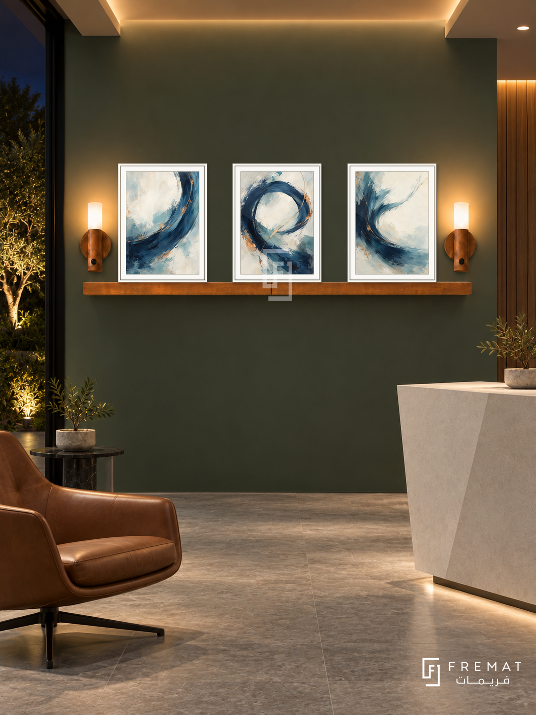 FREMAT Forward Current shelf set with three 30 x 40 cm white frames, 2 cm white borders, honey wood shelf and two warm sensor lamps. Night minimalist executive reception, deep muted green display wall, off-white angular reception desk at lower right, cognac chair lower left, grey limestone floor, dark garden left, warm ceiling coves.