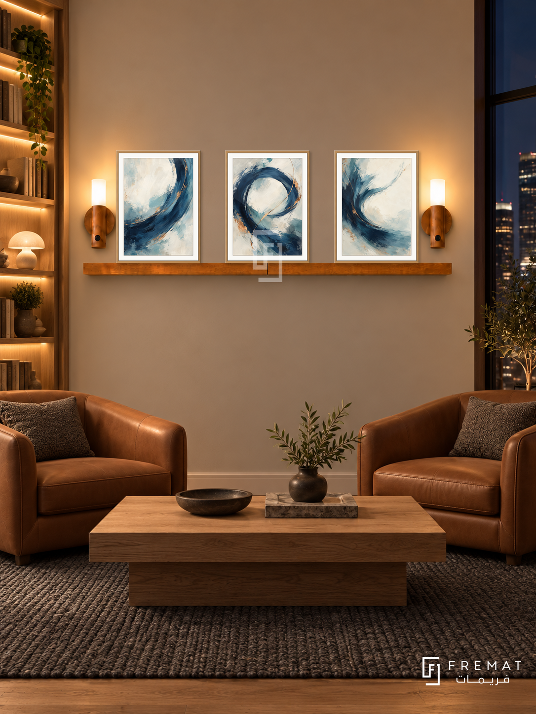 FREMAT Forward Current shelf set with three 30 x 40 cm wooden texture frames, 2 cm white borders, honey wood shelf and two warm sensor lamps. Night warm modern office reading lounge, mushroom display wall, saddle leather armchairs, low rectangular oak table, textured charcoal rug, illuminated bookcase left, dark skyline window right.
