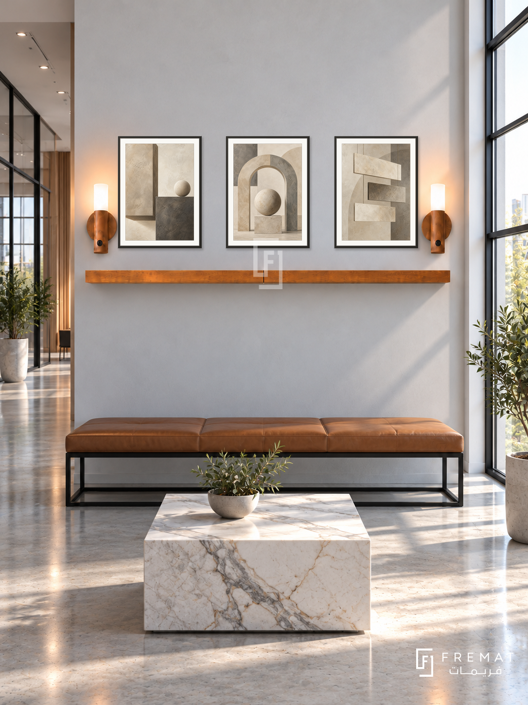 FREMAT Balanced Structure shelf set with three 30 x 40 cm black frames, 2 cm white borders, honey wood shelf and two warm sensor lamps. Morning modern engineering office reception, pale mineral grey display wall, black steel and tan leather bench, low cube marble table, polished concrete floor, generous factory glazing right, open corridor left.