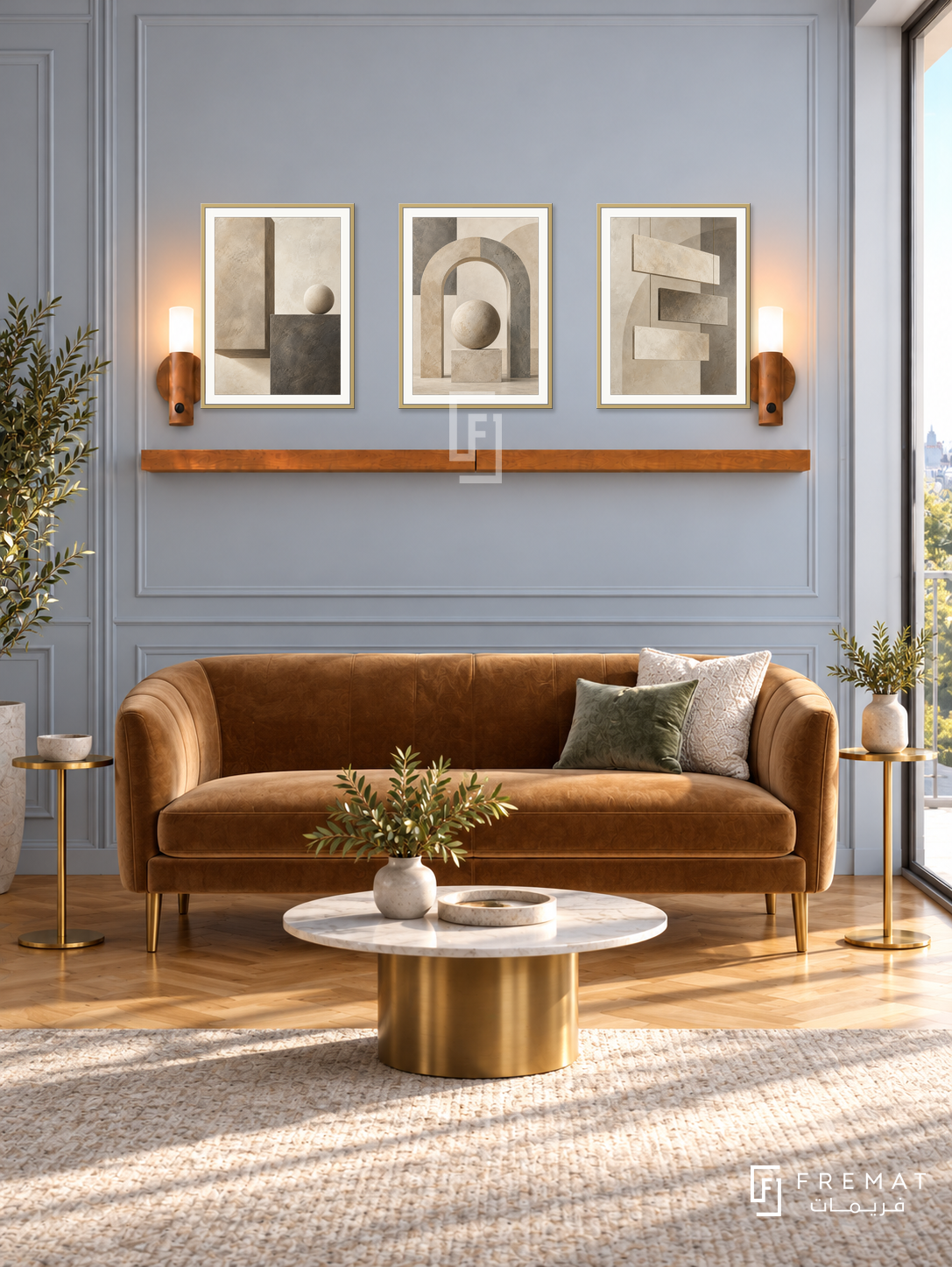 FREMAT Balanced Structure shelf set with three 30 x 40 cm gold frames, 2 cm white borders, honey wood shelf and two warm sensor lamps. Morning refined executive waiting room, pale blue grey paneled display wall, caramel velvet settee, slender brass side tables, honey parquet, bright balcony window right.