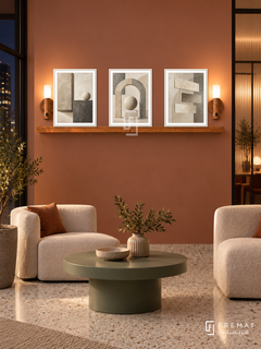 FREMAT Balanced Structure shelf set with three 30 x 40 cm white frames, 2 cm white borders, honey wood shelf and two warm sensor lamps. Night creative coworking lounge, muted terracotta display wall, cream modular armchairs, sage round coffee table, light terrazzo floor, dark city window left, softly lit ribbed glass partition right.