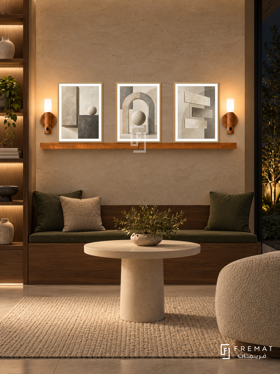 FREMAT Balanced Structure shelf set with three 30 x 40 cm wooden texture frames, 2 cm white borders, honey wood shelf and two warm sensor lamps. Night contemporary office quiet nook, warm stone display wall, walnut built-in bench with dark green cushions, round cream pedestal table, wool rug, dark garden right, illuminated storage niches left.