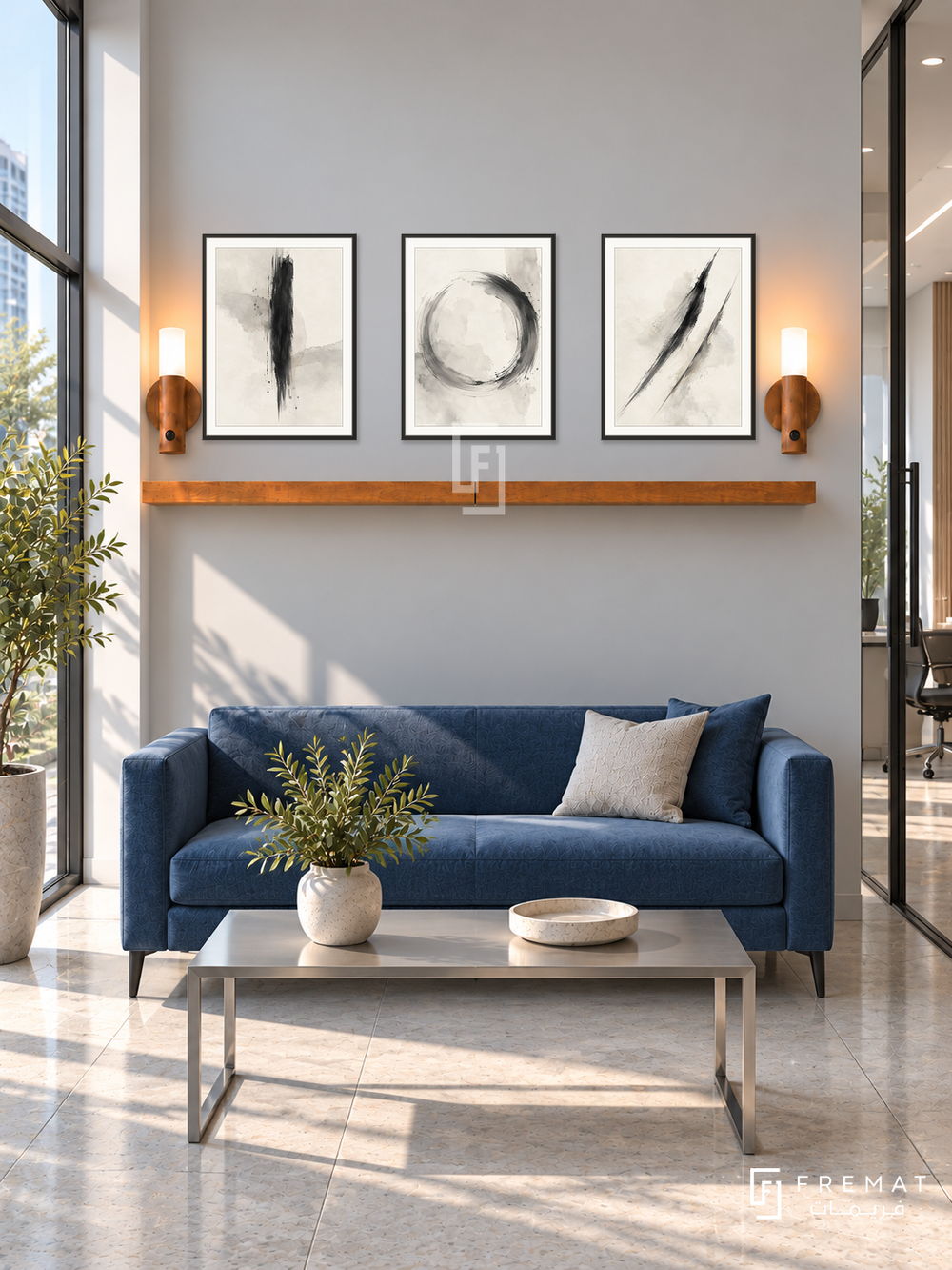 FREMAT Quiet Focus shelf set with three 30 x 40 cm black frames, 2 cm white borders, honey wood shelf and two warm sensor lamps. Morning minimalist finance office entry, pearl grey display wall, cobalt compact sofa, rectangular brushed steel table, large pale stone floor tiles, tall sunlit window left and glass office door right.