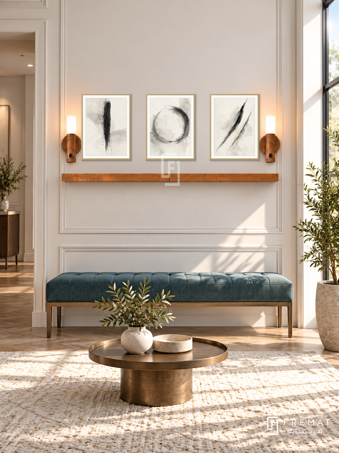 FREMAT Quiet Focus shelf set with three 30 x 40 cm gold frames, 2 cm white borders, honey wood shelf and two warm sensor lamps. Morning classic modern consultation lounge, ivory shallow paneling on display wall, teal upholstered bench, low bronze round table, cream patterned rug, sunny window right and recessed doorway left.