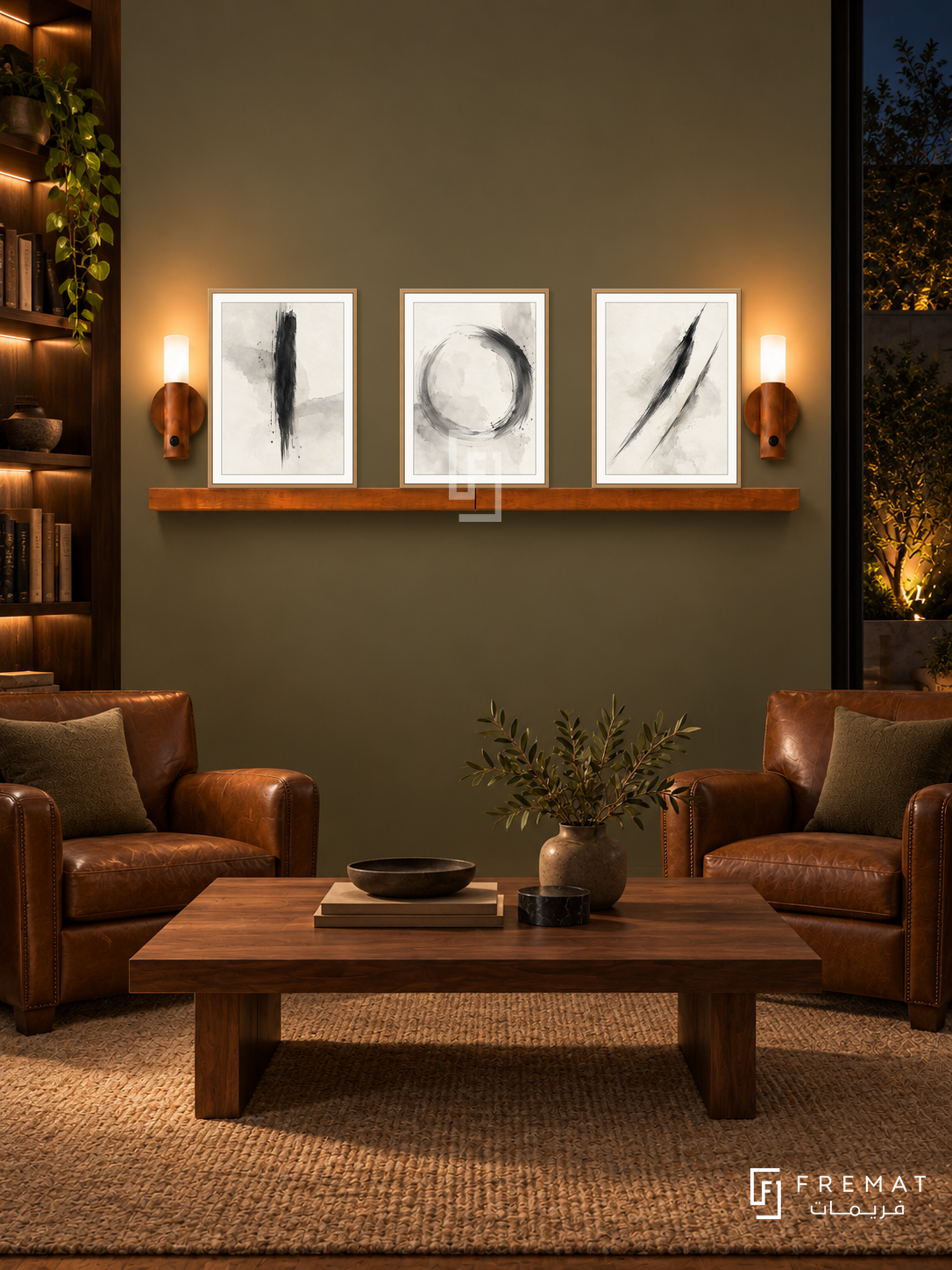 FREMAT Quiet Focus shelf set with three 30 x 40 cm wooden texture frames, 2 cm white borders, honey wood shelf and two warm sensor lamps. Night warm corporate library lounge, muted olive display wall, tobacco leather club chairs, rectangular walnut table, tan rug, low lit bookshelves left, dark courtyard window right.
