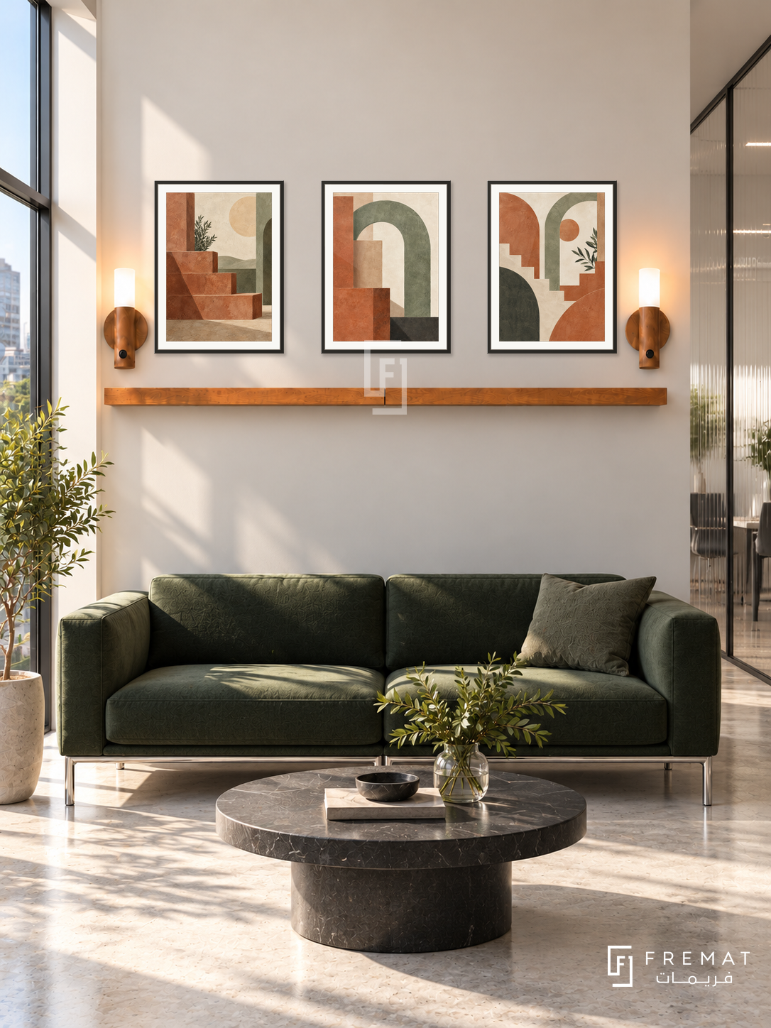 FREMAT Terrace Rhythm shelf set with three 30 x 40 cm black frames, 2 cm white borders, honey wood shelf and two warm sensor lamps. Morning urban planning studio waiting area, warm off-white display wall, dark green low sofa with chrome legs, round black stone table, pale concrete floor, sunny corner glazing left, translucent office partition right.