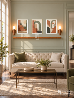 FREMAT Terrace Rhythm shelf set with three 30 x 40 cm gold frames, 2 cm white borders, honey wood shelf and two warm sensor lamps. Morning heritage business lounge, pale sage paneled display wall, beige tufted settee, bronze narrow coffee table, dark oak parquet, sunny French window left, open doorway right.