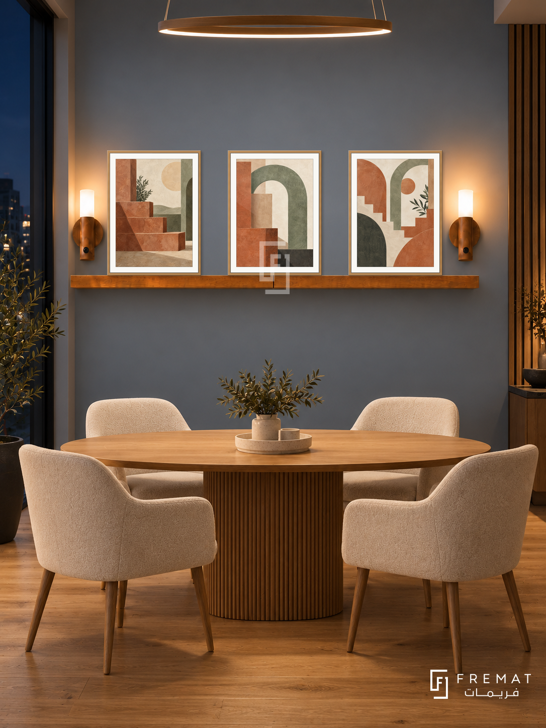FREMAT Terrace Rhythm shelf set with three 30 x 40 cm wooden texture frames, 2 cm white borders, honey wood shelf and two warm sensor lamps. Night modern agency brainstorming nook, blue grey display wall, four cream upholstered chairs around oval oak meeting table below shelf, dark window left, warm linear pendant high above camera view, oak floor.