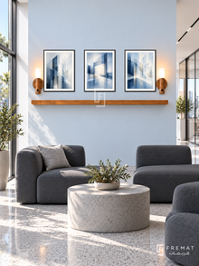 FREMAT Blueprints Of Light shelf set with three 30 x 40 cm black frames, 2 cm white borders, honey wood shelf and two warm sensor lamps. Morning contemporary technology office lobby, very pale blue display wall, graphite modular seating, cylindrical concrete table, fine grey terrazzo floor, bright glass corridor right, sunlit window left.