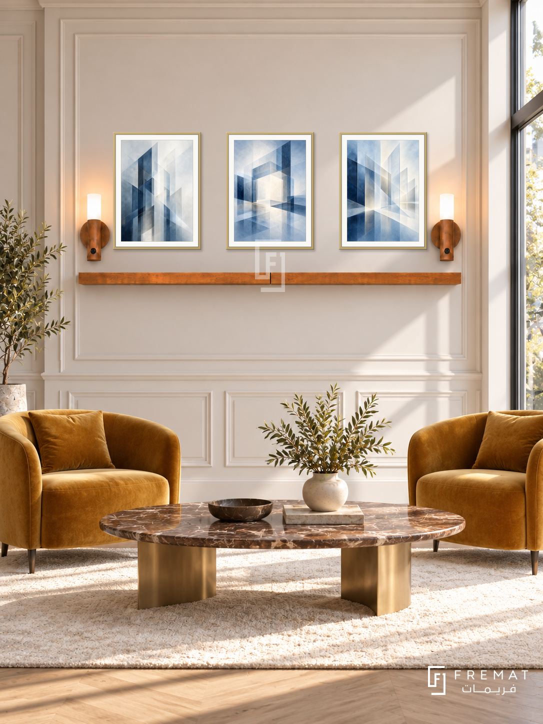 FREMAT Blueprints Of Light shelf set with three 30 x 40 cm gold frames, 2 cm white borders, honey wood shelf and two warm sensor lamps. Morning refined financial advisory lounge, cream paneled display wall, mustard velvet armchairs, oval brown marble table with brass legs, ivory rug, sunny tall glazing right.
