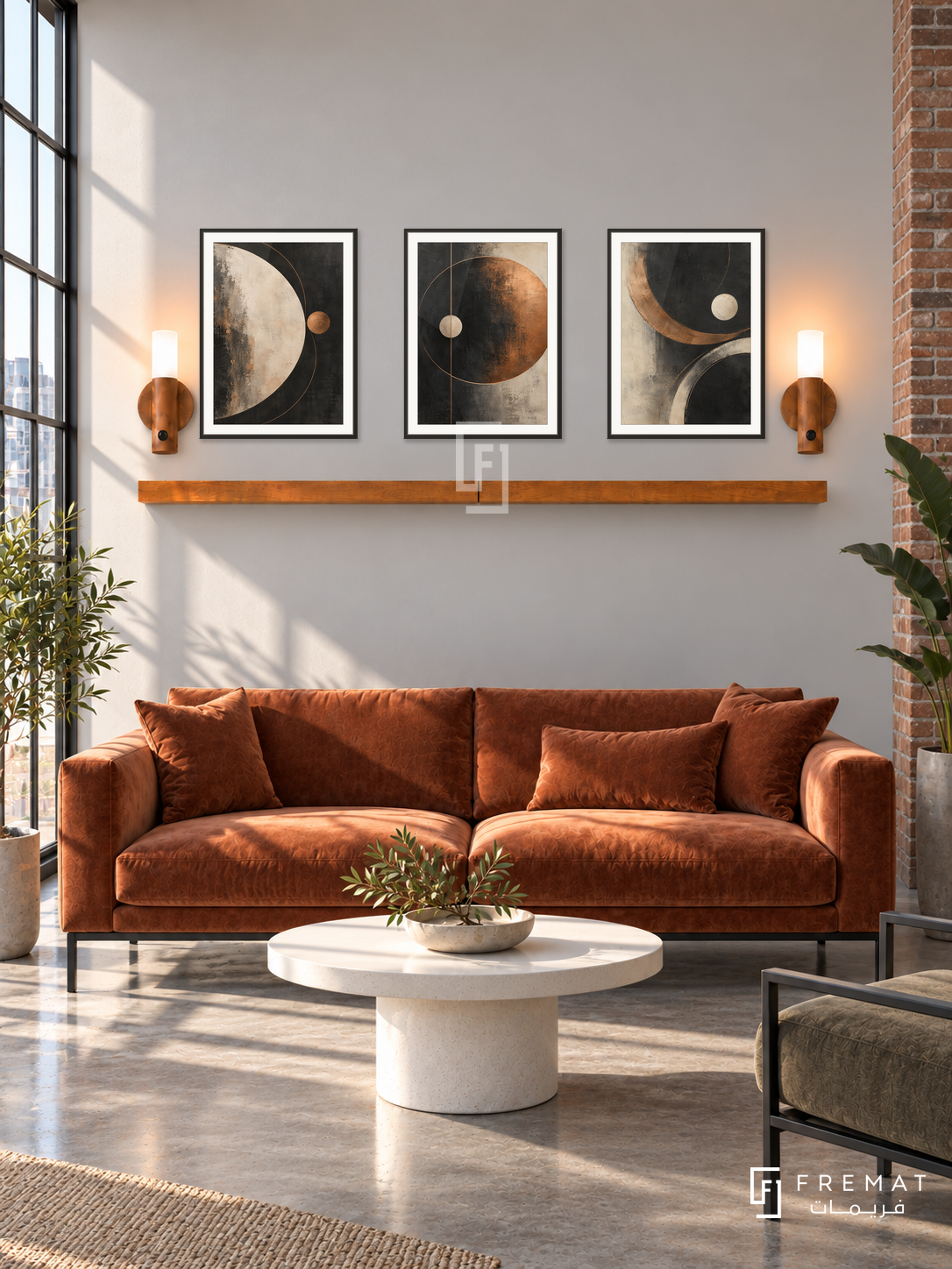 FREMAT Copper Orbit shelf set with three 30 x 40 cm black frames, 2 cm white borders, honey wood shelf and two warm sensor lamps. Morning industrial creative office, pale warm grey display wall, rust velvet sofa on black metal base, white round pedestal table, polished concrete floor, sunlit steel window left, brick column far right.