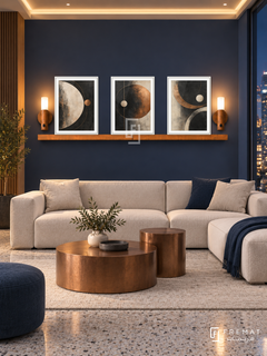 FREMAT Copper Orbit shelf set with three 30 x 40 cm white frames, 2 cm white borders, honey wood shelf and two warm sensor lamps. Night contemporary project studio lounge, muted navy display wall, white low modular sofa, copper cylindrical tables, pale terrazzo floor, city glazing right, warm recessed ceiling strips.