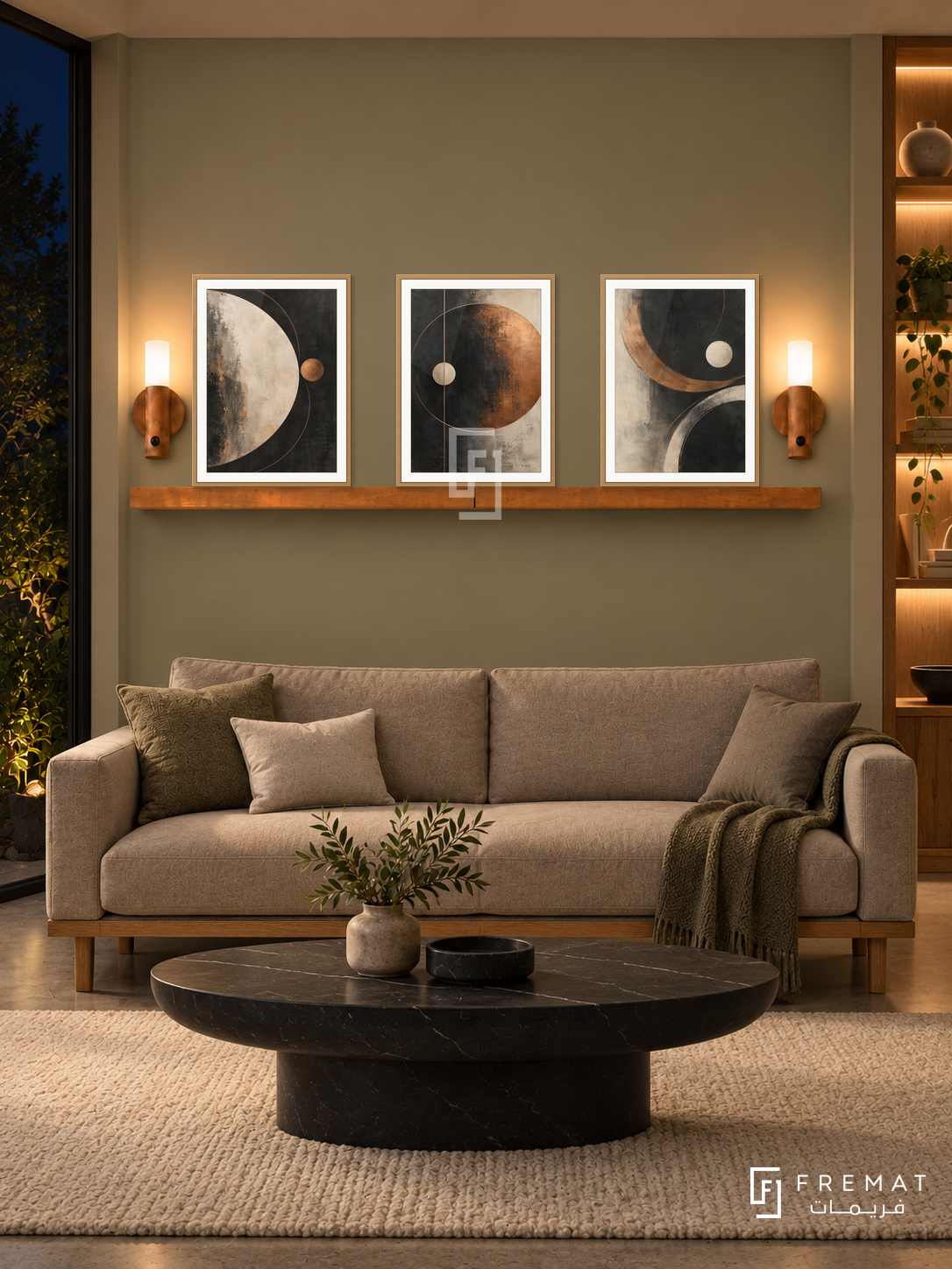 FREMAT Copper Orbit shelf set with three 30 x 40 cm wooden texture frames, 2 cm white borders, honey wood shelf and two warm sensor lamps. Night calm office lounge, pale olive display wall, taupe linen settee on oak base, black stone oval table, cream rug, dark garden left, lit timber shelving right.