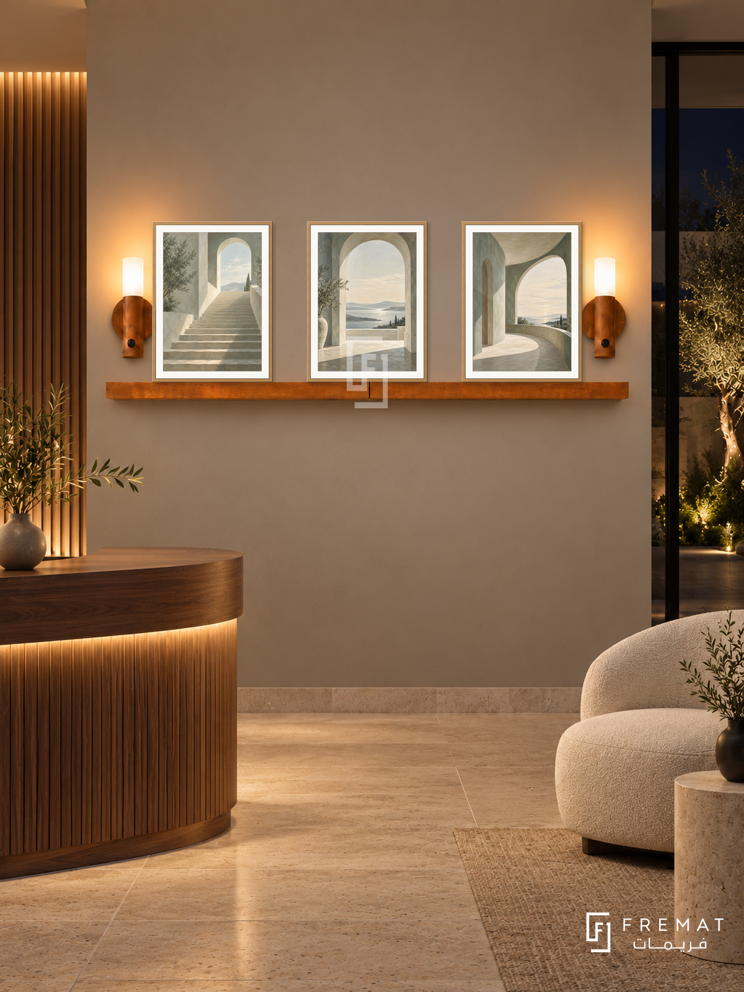 FREMAT Open Perspective shelf set with three 30 x 40 cm wooden texture frames, 2 cm white borders, honey wood shelf and two warm sensor lamps. Night modern organic office reception, greige display wall, walnut curved desk lower left, cream lounge chair lower right, limestone floor, dark courtyard right and softly lit ribbed wood left.