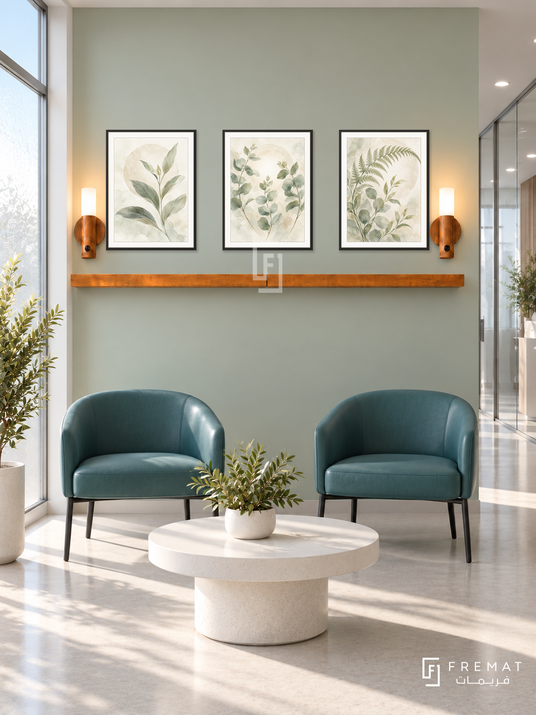 FREMAT Gentle Growth shelf set with three 30 x 40 cm black frames, 2 cm white borders, honey wood shelf and two warm sensor lamps. Morning modern private clinic waiting room, pale sage display wall, two teal wipe-clean chairs with black legs, rounded white table, light seamless floor, sunny frosted window left, glazed corridor right, calm professional setting.