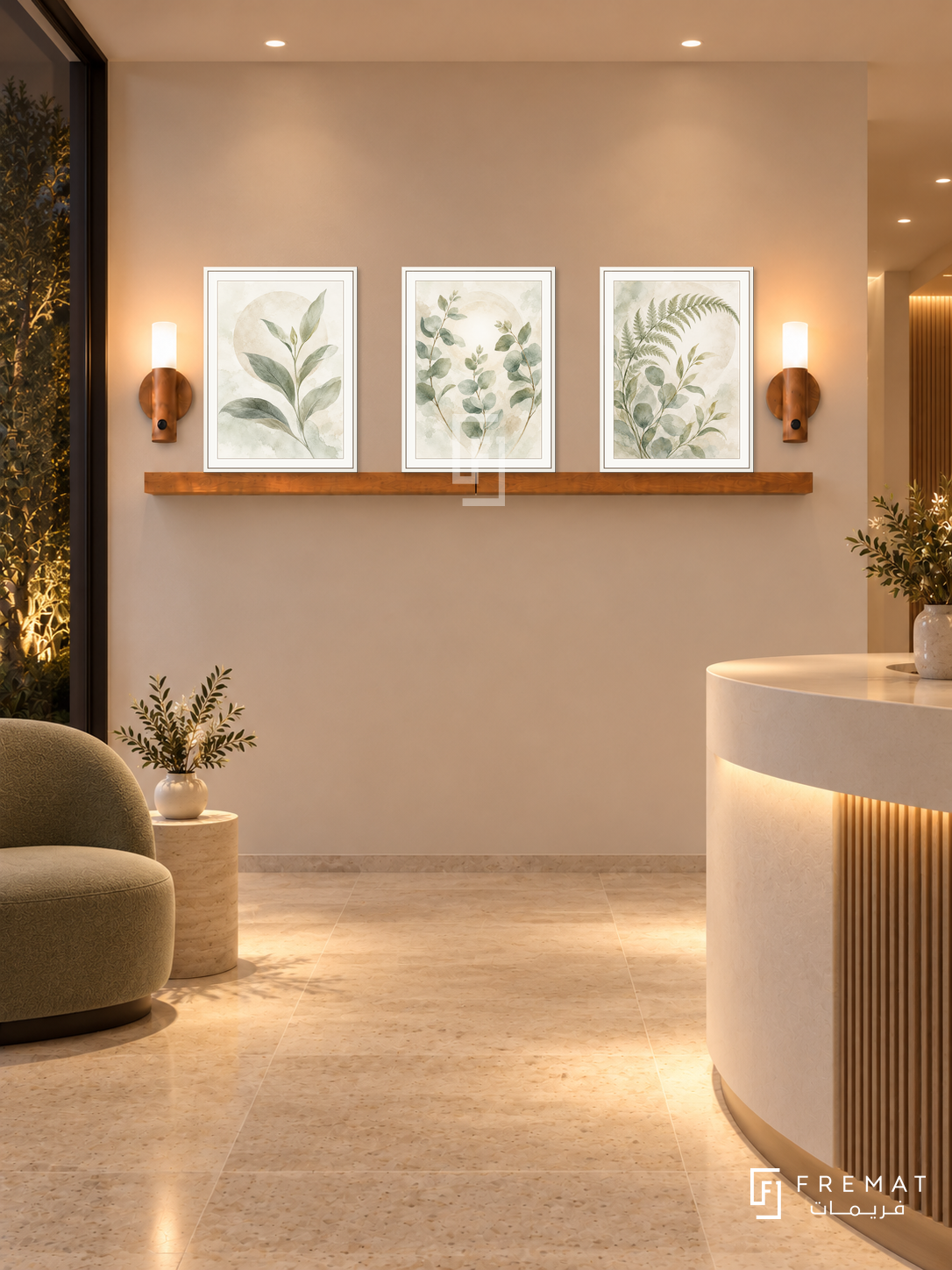 FREMAT Gentle Growth shelf set with three 30 x 40 cm white frames, 2 cm white borders, honey wood shelf and two warm sensor lamps. Night boutique wellness clinic reception, warm ivory display wall, curved white desk lower right, pale green guest chair left, cream stone floor, dark garden glazing left, soft warm ceiling lights.