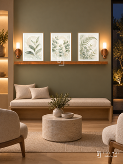 FREMAT Gentle Growth shelf set with three 30 x 40 cm wooden texture frames, 2 cm white borders, honey wood shelf and two warm sensor lamps. Night holistic clinic consultation lounge, muted olive display wall, oak bench with cream cushions, small round stone table, pale oak floor, dark courtyard right, softly lit niche left.