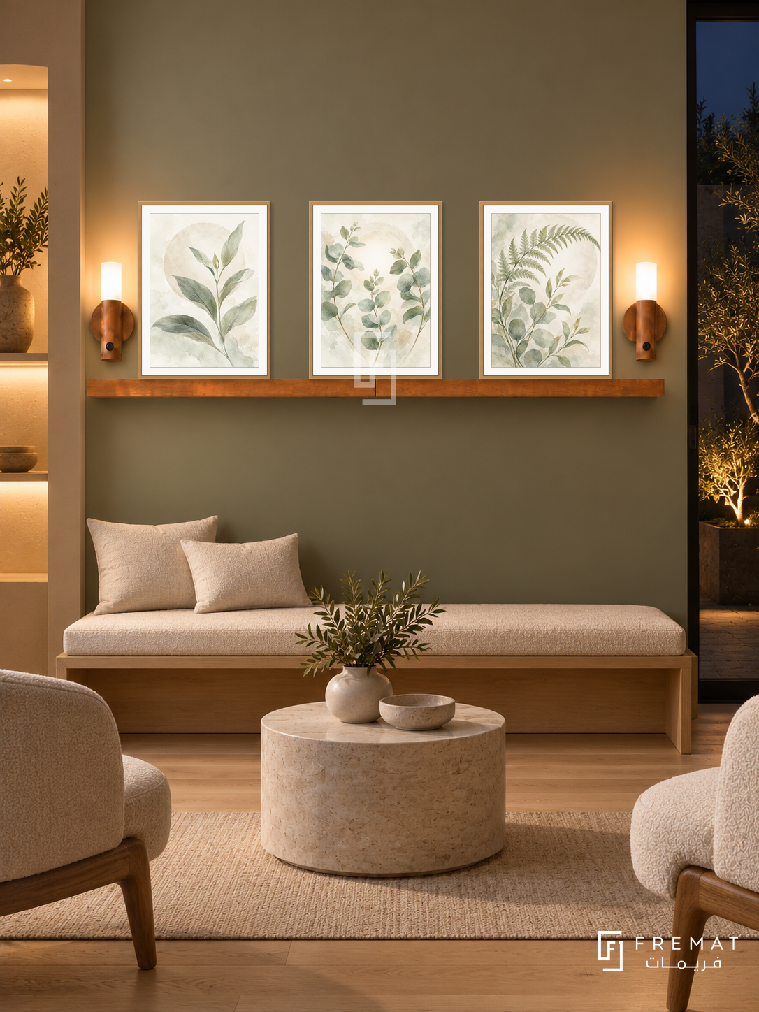 FREMAT Gentle Growth shelf set with three 30 x 40 cm wooden texture frames, 2 cm white borders, honey wood shelf and two warm sensor lamps. Night holistic clinic consultation lounge, muted olive display wall, oak bench with cream cushions, small round stone table, pale oak floor, dark courtyard right, softly lit niche left.