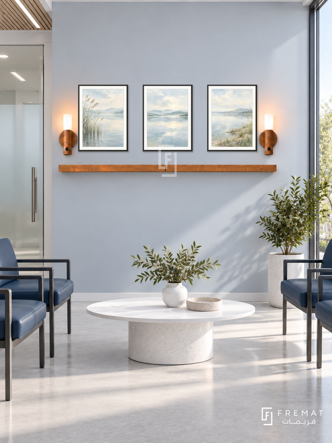 FREMAT Still Waters shelf set with three 30 x 40 cm black frames, 2 cm white borders, honey wood shelf and two warm sensor lamps. Morning contemporary dental clinic waiting area, icy blue grey display wall, navy vinyl chairs, white oval table, pale grey seamless floor, bright glazing right and frosted glass door left.