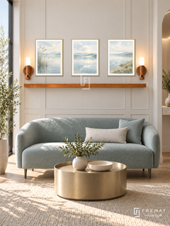 FREMAT Still Waters shelf set with three 30 x 40 cm gold frames, 2 cm white borders, honey wood shelf and two warm sensor lamps. Morning private wellness clinic lounge, cream paneled display wall, muted aqua settee, round champagne metal table, light oak floor, sunny window left, shallow alcove right.