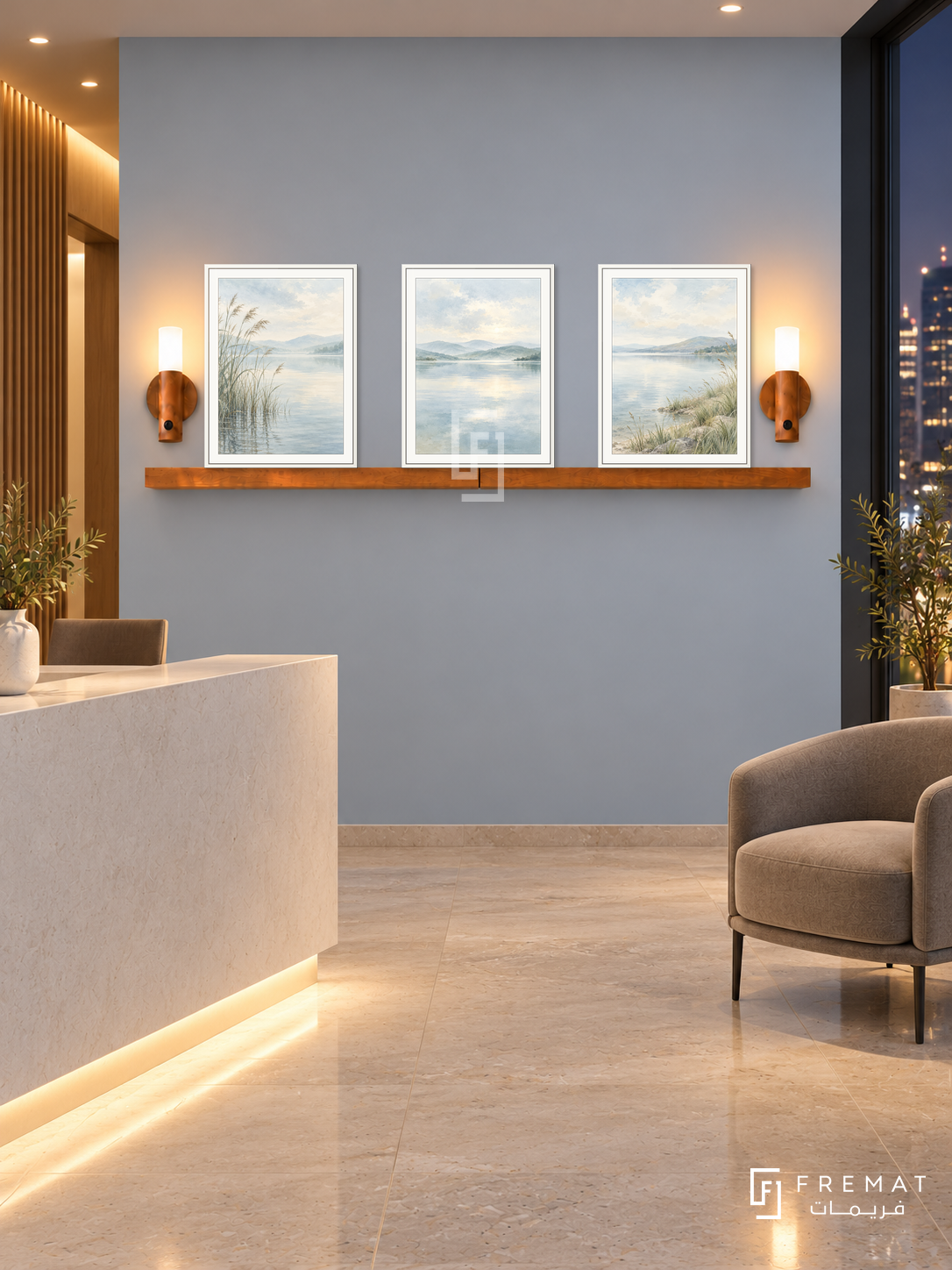 FREMAT Still Waters shelf set with three 30 x 40 cm white frames, 2 cm white borders, honey wood shelf and two warm sensor lamps. Night calm medical reception, pale mineral blue display wall, white straight reception desk lower left, taupe chair right, polished limestone floor, dark city glass right, warm recessed lighting.