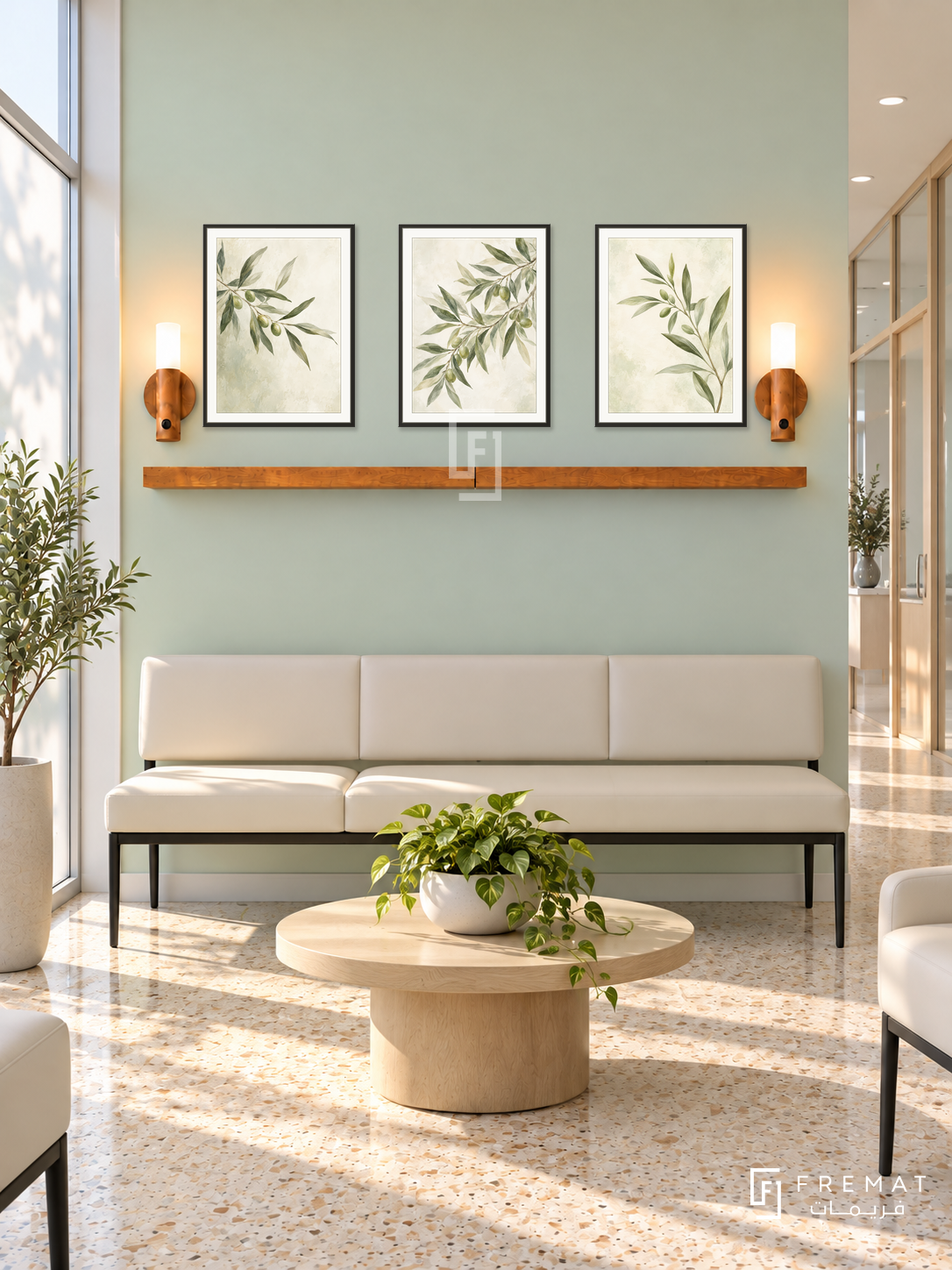 FREMAT Morning Leaves shelf set with three 30 x 40 cm black frames, 2 cm white borders, honey wood shelf and two warm sensor lamps. Morning family clinic reception, soft mint display wall, black-legged cream vinyl bench, rounded pale oak table, warm terrazzo floor, tall frosted sunny glazing left, glazed hallway right.