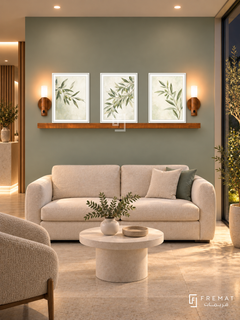 FREMAT Morning Leaves shelf set with three 30 x 40 cm white frames, 2 cm white borders, honey wood shelf and two warm sensor lamps. Night wellness clinic waiting lounge, pale eucalyptus display wall, cream two-seat sofa, small white pedestal table, light limestone floor, garden window right, warm recessed ceiling lamps.