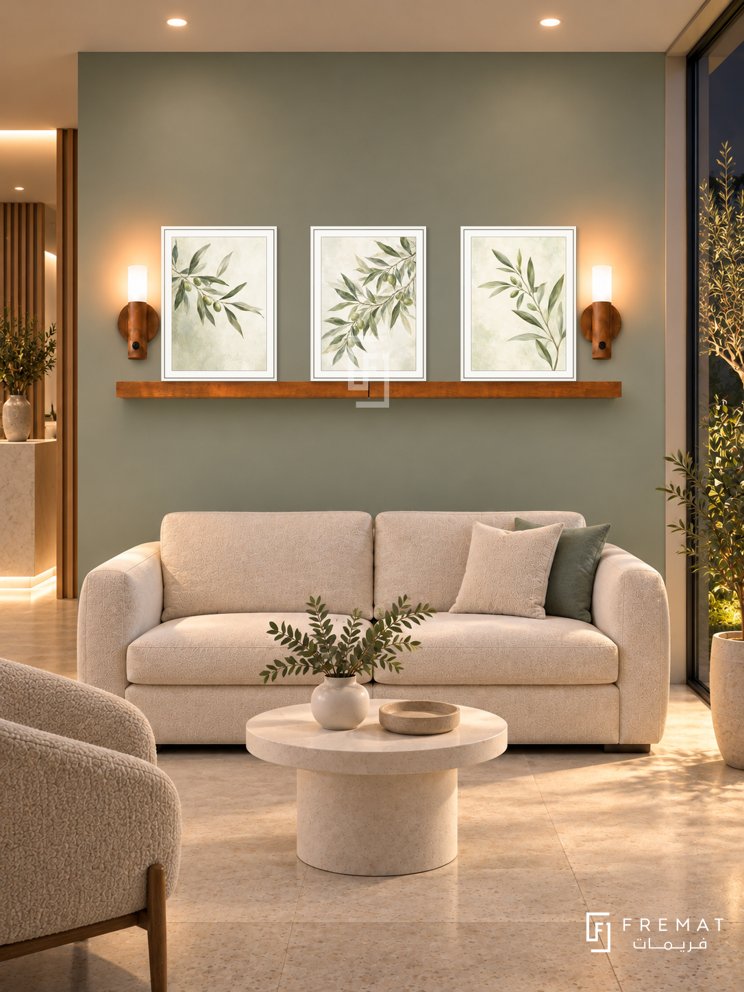 FREMAT Morning Leaves shelf set with three 30 x 40 cm white frames, 2 cm white borders, honey wood shelf and two warm sensor lamps. Night wellness clinic waiting lounge, pale eucalyptus display wall, cream two-seat sofa, small white pedestal table, light limestone floor, garden window right, warm recessed ceiling lamps.