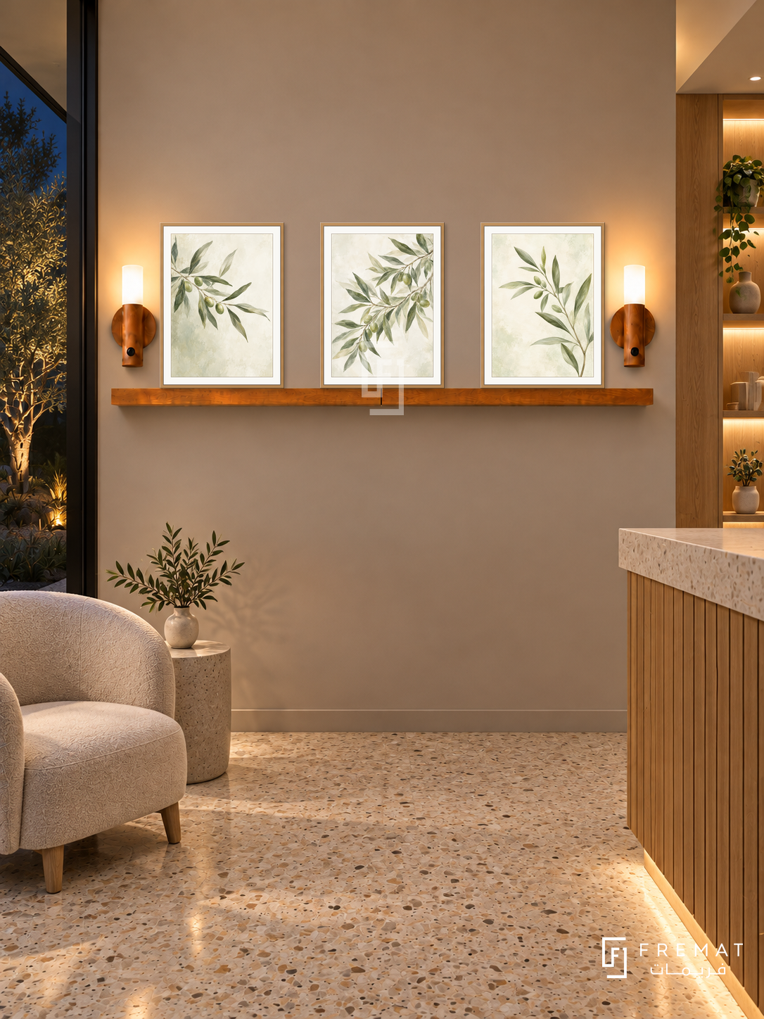 FREMAT Morning Leaves shelf set with three 30 x 40 cm wooden texture frames, 2 cm white borders, honey wood shelf and two warm sensor lamps. Night natural therapy clinic foyer, warm taupe display wall, oak reception counter lower right, oatmeal chair lower left, terrazzo floor, dark courtyard left, lit oak cubbies right.