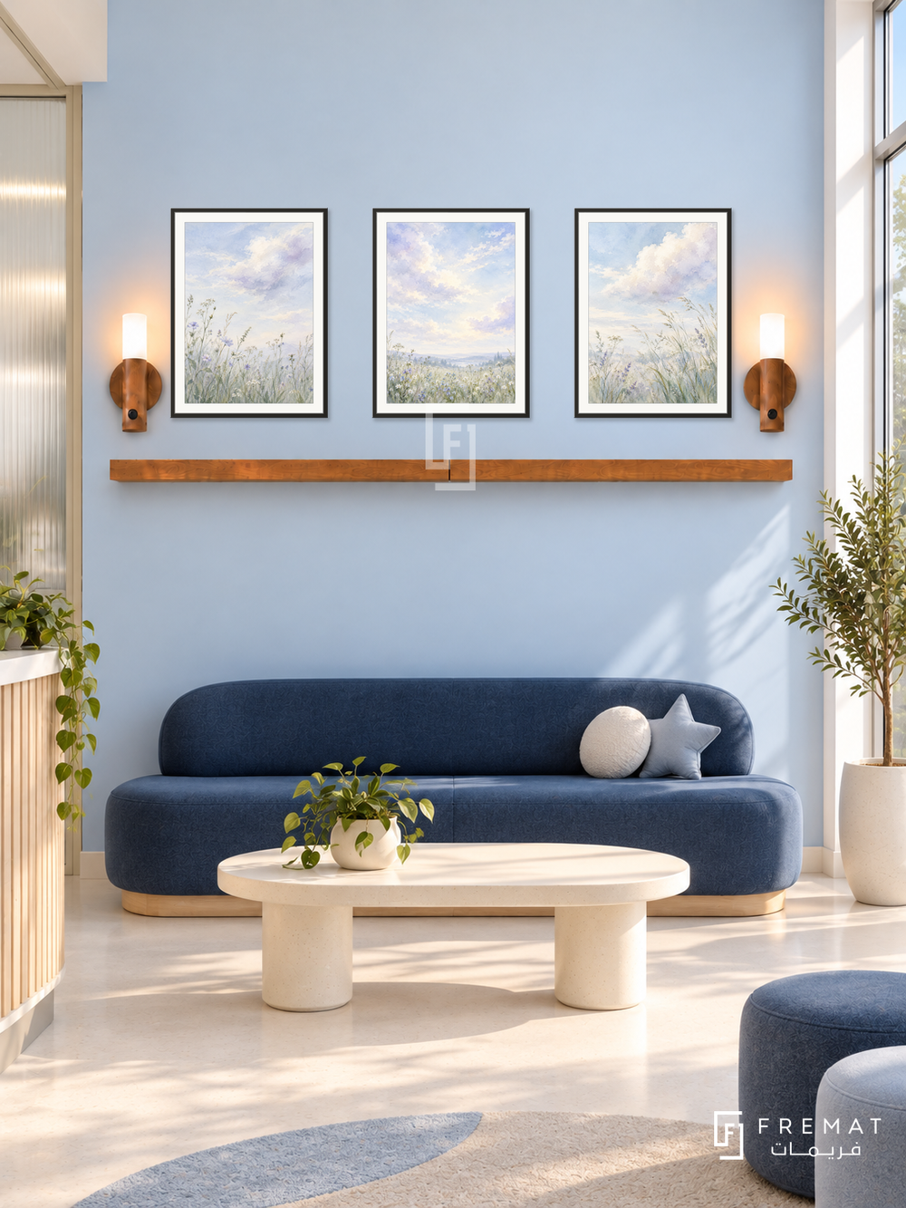 FREMAT Cloud Garden shelf set with three 30 x 40 cm black frames, 2 cm white borders, honey wood shelf and two warm sensor lamps. Morning modern pediatric clinic quiet waiting area, very pale sky blue display wall, navy rounded bench, cream oval table, pale seamless floor, sunny tall window right, frosted partition left, sophisticated calm design.