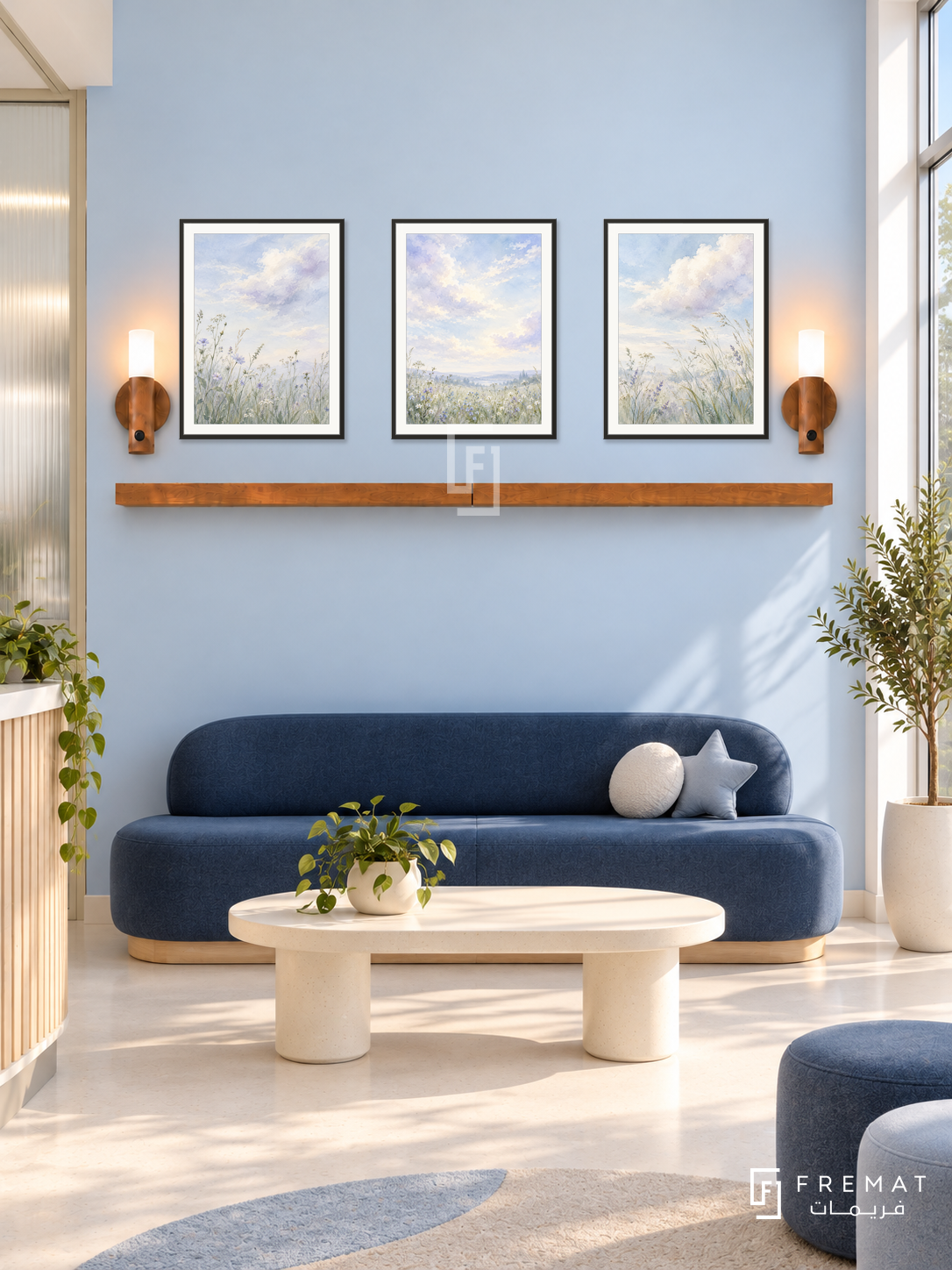 FREMAT Cloud Garden shelf set with three 30 x 40 cm black frames, 2 cm white borders, honey wood shelf and two warm sensor lamps. Morning modern pediatric clinic quiet waiting area, very pale sky blue display wall, navy rounded bench, cream oval table, pale seamless floor, sunny tall window right, frosted partition left, sophisticated calm design.