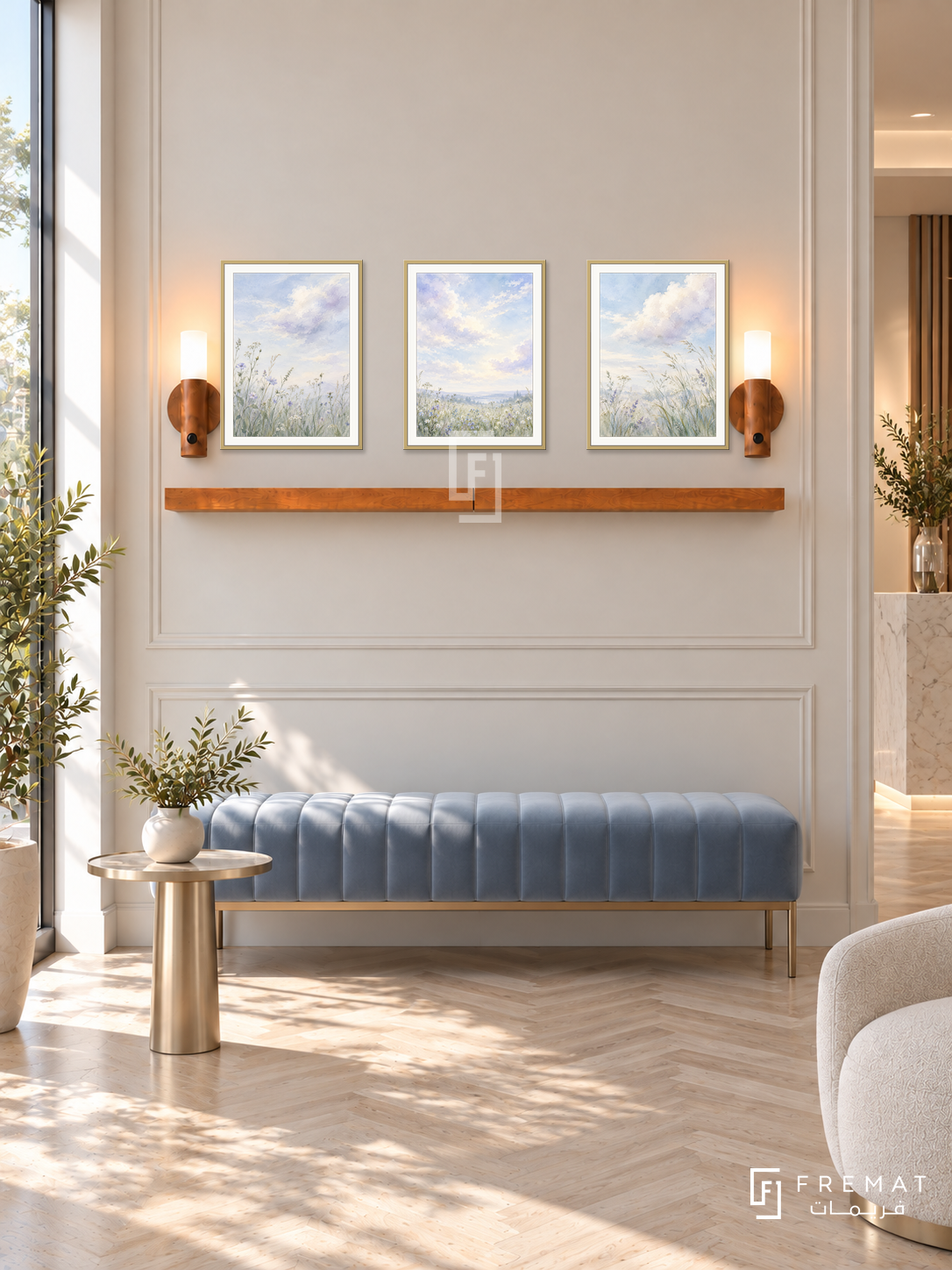 FREMAT Cloud Garden shelf set with three 30 x 40 cm gold frames, 2 cm white borders, honey wood shelf and two warm sensor lamps. Morning private clinic lounge, warm ivory paneled wall, powder blue velvet bench, champagne metal small table, pale herringbone floor, bright glazing left.