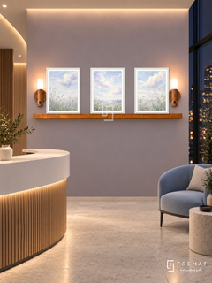 FREMAT Cloud Garden shelf set with three 30 x 40 cm white frames, 2 cm white borders, honey wood shelf and two warm sensor lamps. Night contemporary wellness reception, dusty lilac grey display wall, curved white desk lower left, pale blue guest chair right, light stone floor, dark city window right and warm ceiling cove.