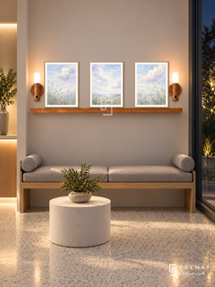 FREMAT Cloud Garden shelf set with three 30 x 40 cm wooden texture frames, 2 cm white borders, honey wood shelf and two warm sensor lamps. Night medical consultation waiting nook, pale mushroom display wall, oak bench with grey cushions, white cylindrical table, light terrazzo, dark garden glazing right, softly lit niche left.