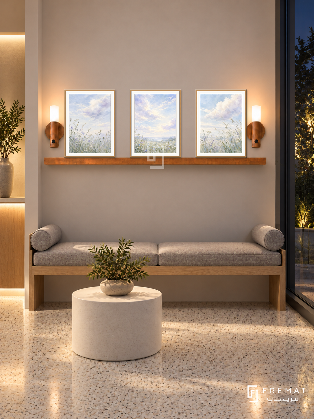 FREMAT Cloud Garden shelf set with three 30 x 40 cm wooden texture frames, 2 cm white borders, honey wood shelf and two warm sensor lamps. Night medical consultation waiting nook, pale mushroom display wall, oak bench with grey cushions, white cylindrical table, light terrazzo, dark garden glazing right, softly lit niche left.