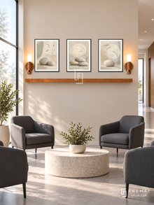 FREMAT Sand And Stone shelf set with three 30 x 40 cm black frames, 2 cm white borders, honey wood shelf and two warm sensor lamps. Morning contemporary physiotherapy clinic waiting room, sandy beige display wall, charcoal easy-clean chairs, pale round stone table, grey floor tiles, sunny frosted glass left, corridor right.