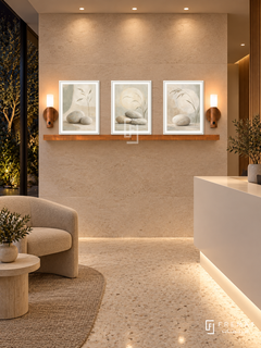 FREMAT Sand And Stone shelf set with three 30 x 40 cm white frames, 2 cm white borders, honey wood shelf and two warm sensor lamps. Night calm private clinic reception, warm limestone display wall, white angular desk lower right, oatmeal waiting chair left, cream terrazzo floor, dark garden left, subtle warm ceiling spots.