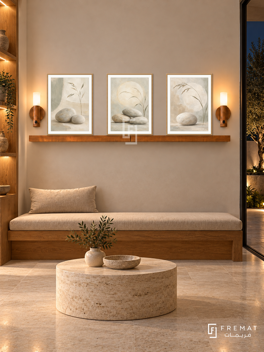 FREMAT Sand And Stone shelf set with three 30 x 40 cm wooden texture frames, 2 cm white borders, honey wood shelf and two warm sensor lamps. Night organic therapy waiting area, pale clay display wall, solid oak bench with beige linen cushion, low cylindrical travertine table, pale stone floor, dark courtyard right, lit wood niches left.