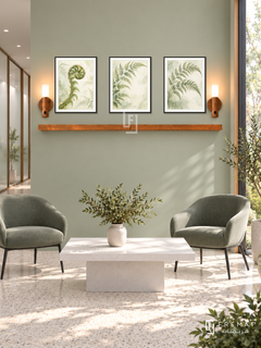 FREMAT Fern Whisper shelf set with three 30 x 40 cm black frames, 2 cm white borders, honey wood shelf and two warm sensor lamps. Morning modern wellness clinic, pale fern green display wall, black-legged sage chairs, white rectangular table, light terrazzo, sunny garden glazing right and frosted treatment corridor left.