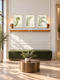FREMAT Fern Whisper shelf set with three 30 x 40 cm gold frames, 2 cm white borders, honey wood shelf and two warm sensor lamps. Morning premium clinic waiting lounge, ivory panelled wall, olive velvet bench, bronze cylindrical table, pale oak floor, sunlit window left, narrow alcove right.