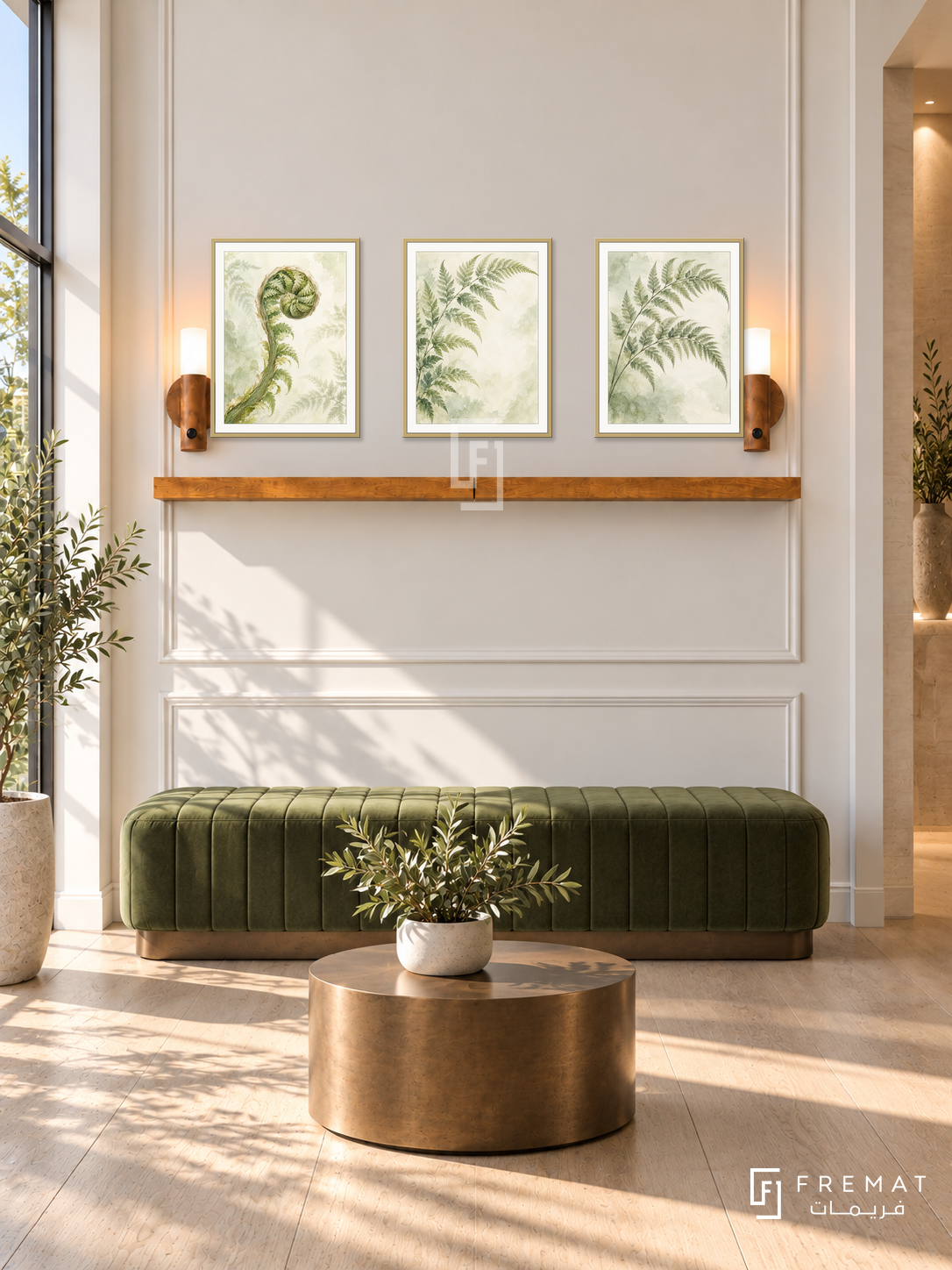 FREMAT Fern Whisper shelf set with three 30 x 40 cm gold frames, 2 cm white borders, honey wood shelf and two warm sensor lamps. Morning premium clinic waiting lounge, ivory panelled wall, olive velvet bench, bronze cylindrical table, pale oak floor, sunlit window left, narrow alcove right.