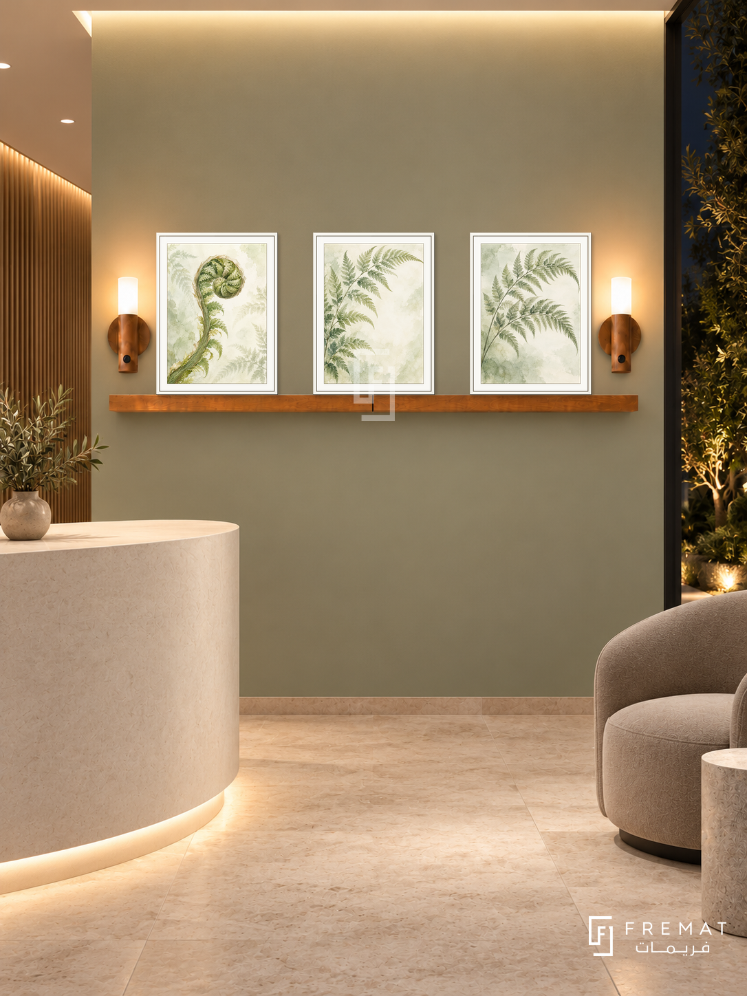 FREMAT Fern Whisper shelf set with three 30 x 40 cm white frames, 2 cm white borders, honey wood shelf and two warm sensor lamps. Night boutique dermatology reception, muted sage display wall, curved ivory counter lower left, taupe chair right, pale stone floor, dark garden right, ceiling cove lighting.