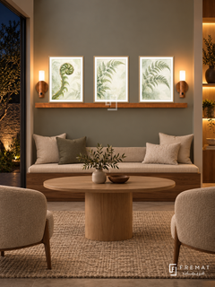 FREMAT Fern Whisper shelf set with three 30 x 40 cm wooden texture frames, 2 cm white borders, honey wood shelf and two warm sensor lamps. Night natural wellness consultation nook, warm grey green display wall, walnut bench cream cushions, oval oak table, wool rug, dark courtyard left, amber niche lighting right.