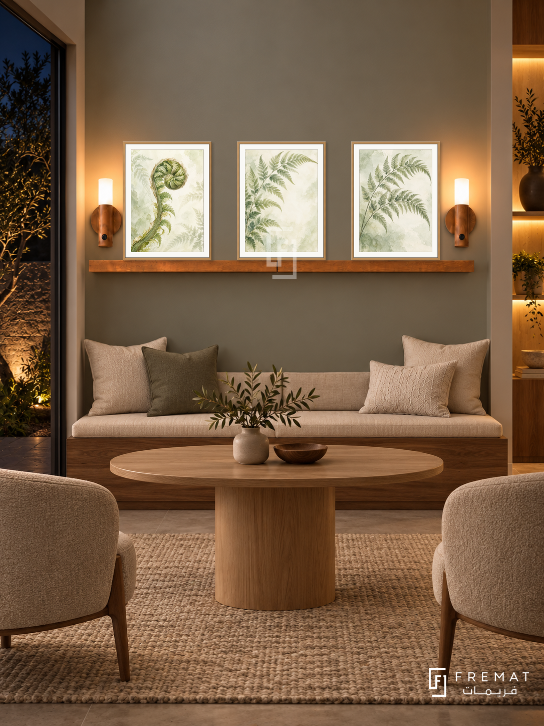 FREMAT Fern Whisper shelf set with three 30 x 40 cm wooden texture frames, 2 cm white borders, honey wood shelf and two warm sensor lamps. Night natural wellness consultation nook, warm grey green display wall, walnut bench cream cushions, oval oak table, wool rug, dark courtyard left, amber niche lighting right.