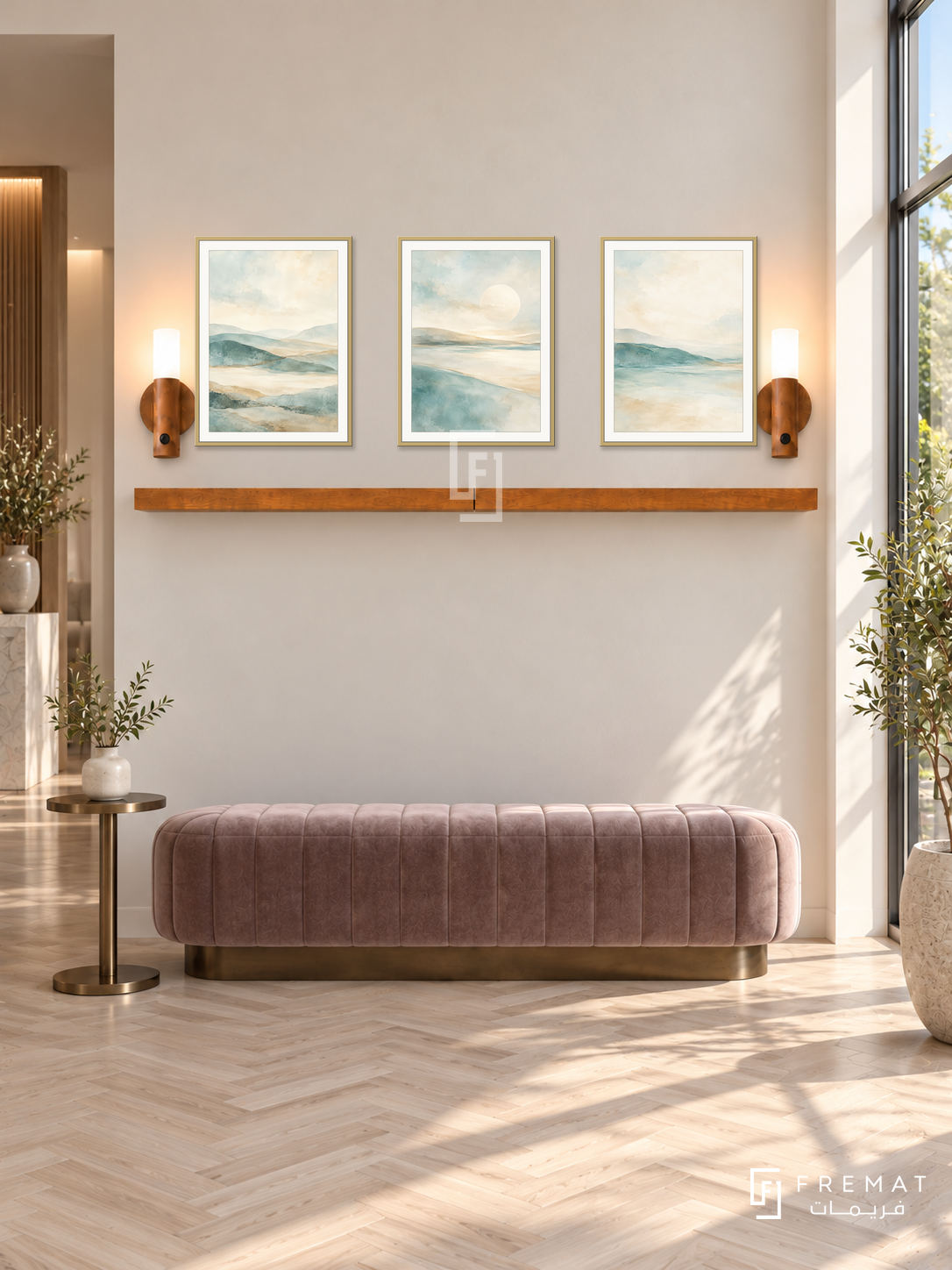 FREMAT Soft Horizon shelf set with three 30 x 40 cm gold frames, 2 cm white borders, honey wood shelf and two warm sensor lamps. Morning refined clinic reception, warm ivory display wall, muted mauve velvet bench, slim bronze side table, pale herringbone floor, bright tall window right, shallow doorway left.