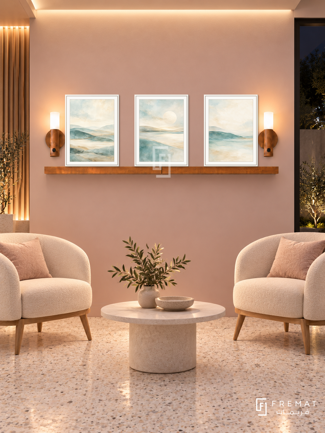 FREMAT Soft Horizon shelf set with three 30 x 40 cm white frames, 2 cm white borders, honey wood shelf and two warm sensor lamps. Night wellness clinic lounge, soft dusty pink display wall, cream chairs with oak legs, round pale table, light terrazzo floor, dark garden right, warm indirect ceiling lighting.